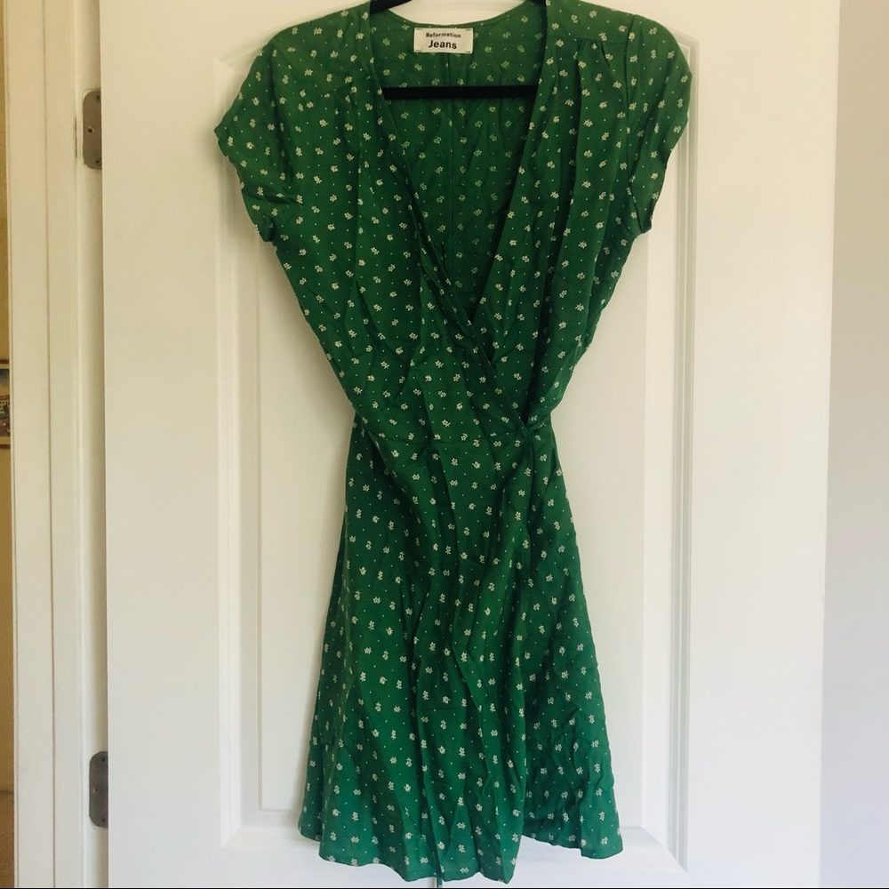 Reformation Green Floral Wrap Dress